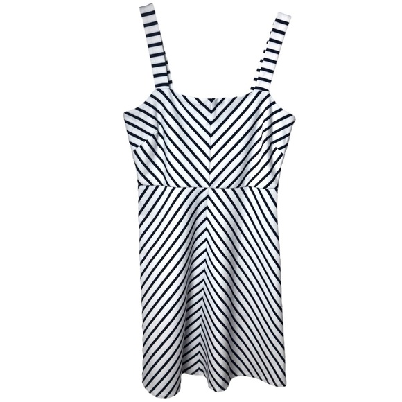 Draper James Navy Blue Chevron Stripe Midi Dress Coastal Yacht Club Adjustable M - Picture 2 of 12